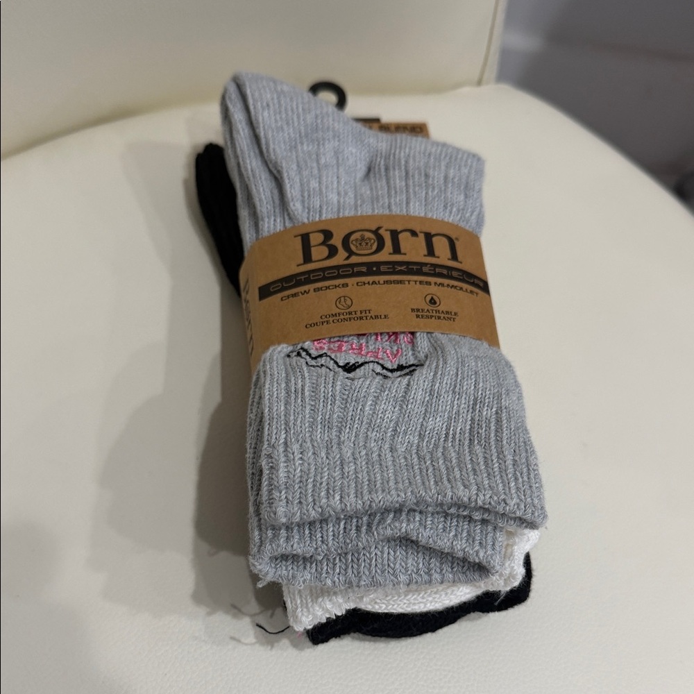 Born Set of 3 Gray/Black/Pink Comfortable Crew Socks